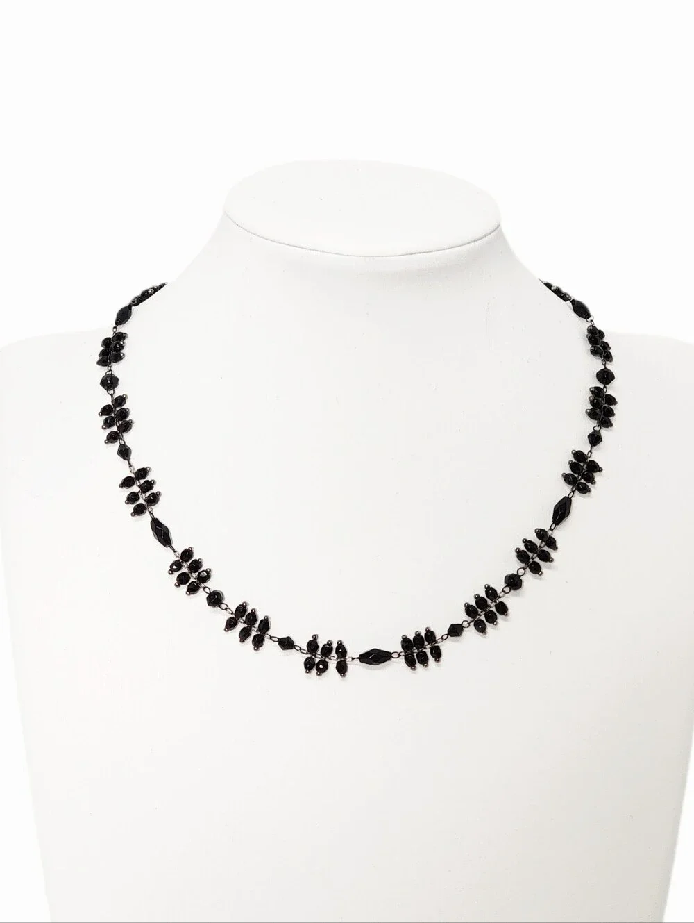 Delicate Faceted Black Beaded Gunmetal Chain Necklace